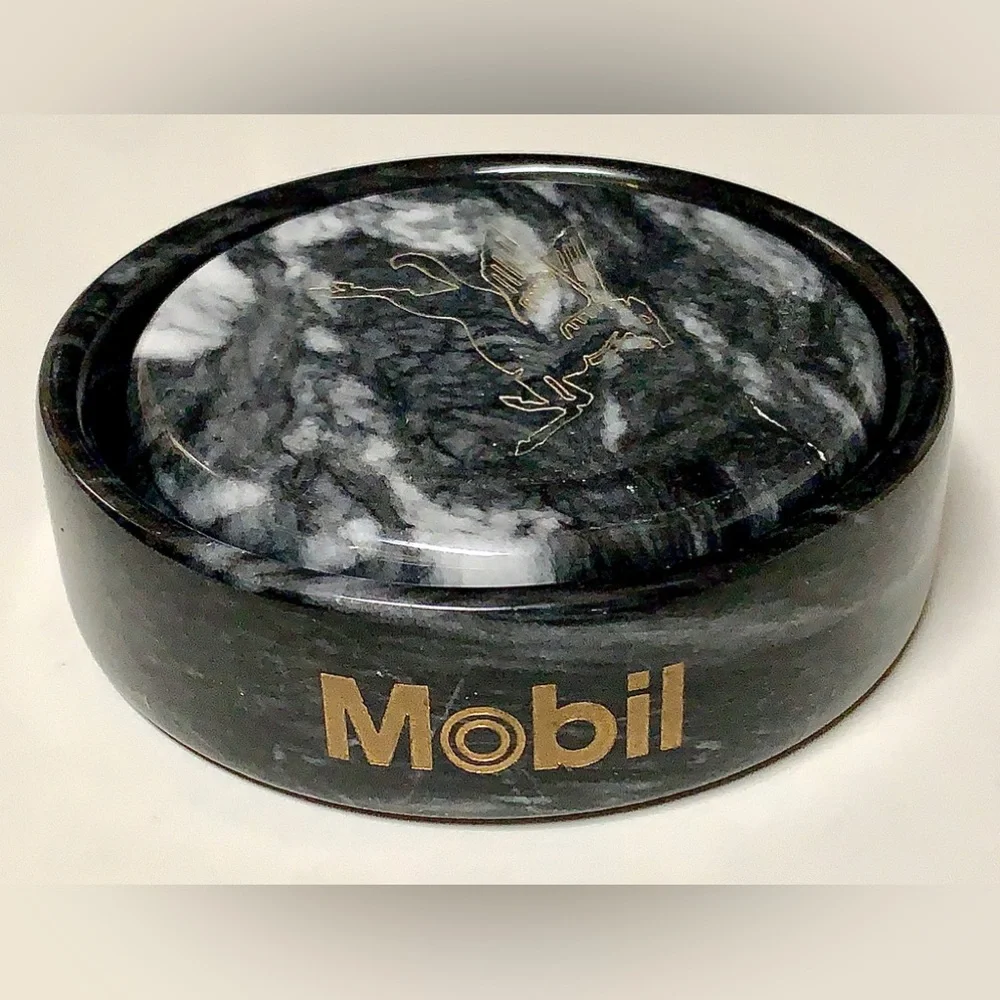 Vintage Executive Set of 2 Black Marble MOBIL Pegasus Logo Drink Coasters